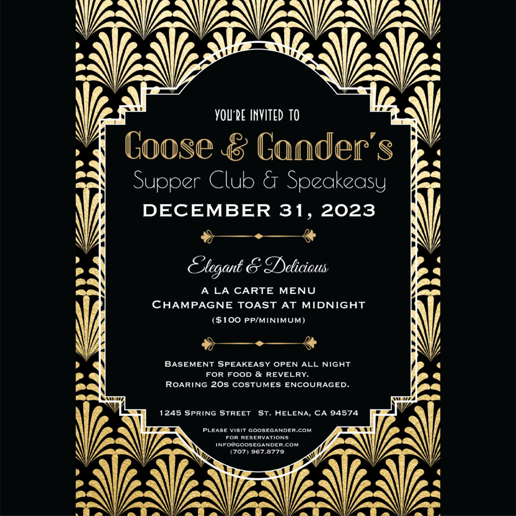 Invitation for New Year's Eve dinner. A la carte menu and a champagne toast at midnight. $100/pp minimum.